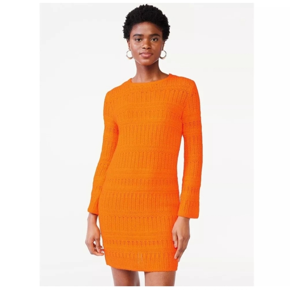 NWT Scoop Crew Neck Long Sleeve Crochet Dress, XL, Orange